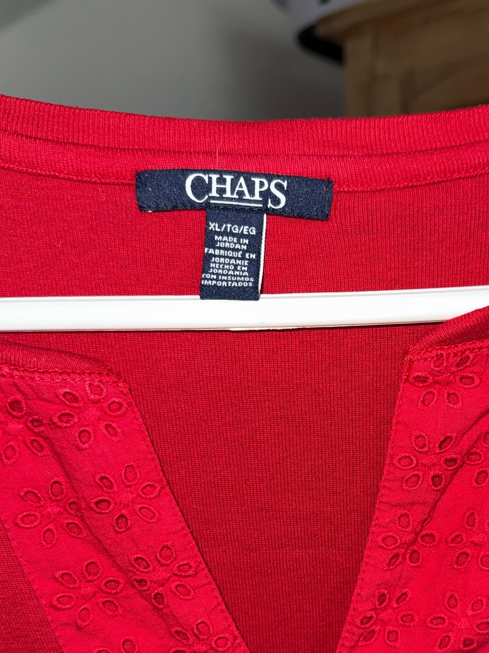 Chaps Red Eyelet V-Notch Long Sleeve Top - Picture 2 of 3